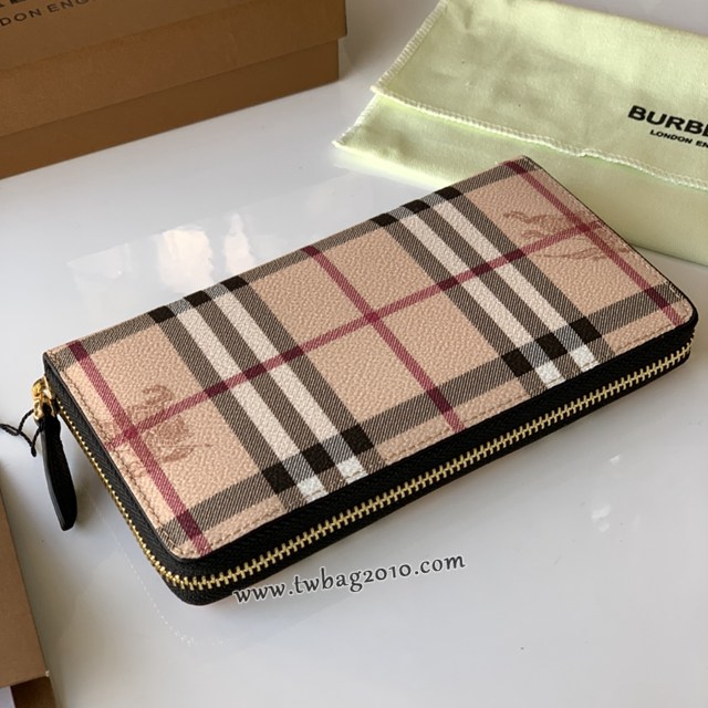 Burberry專門店新款Haymarket格紋拼皮革拉鏈錢包 巴寶莉男女款長錢包 yxb1057